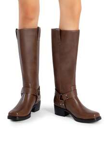 Women's Square Toe Motorcycle Knee High Boots Riding Pull-On Fashion Chunky Low Heel Buckle Decorated Long Boots For Women - Brown - View 5