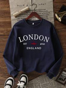 Buzzelle Áo sweatshirt cổ tròn nữ kiểu dáng thường ngày, phối màu thời trang và in hình chữ tiếng Anh, đa năng cho trang phục hàng ngày, mùa thu/đông. - Màu xanh hải quân - Xem 3