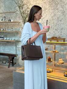 2026春夏新款女装纯色休闲优雅街头返校季罗纹吊带修身垂褶长款连衣裙搭配长袖开衫两件套，女士休闲装、情人节连衣裙、派对连衣裙、春季女装、Y2K风格、邮轮度假装、演唱会服装、节日服装、度假服装、街头服饰 - 淺藍色 - 查看 4