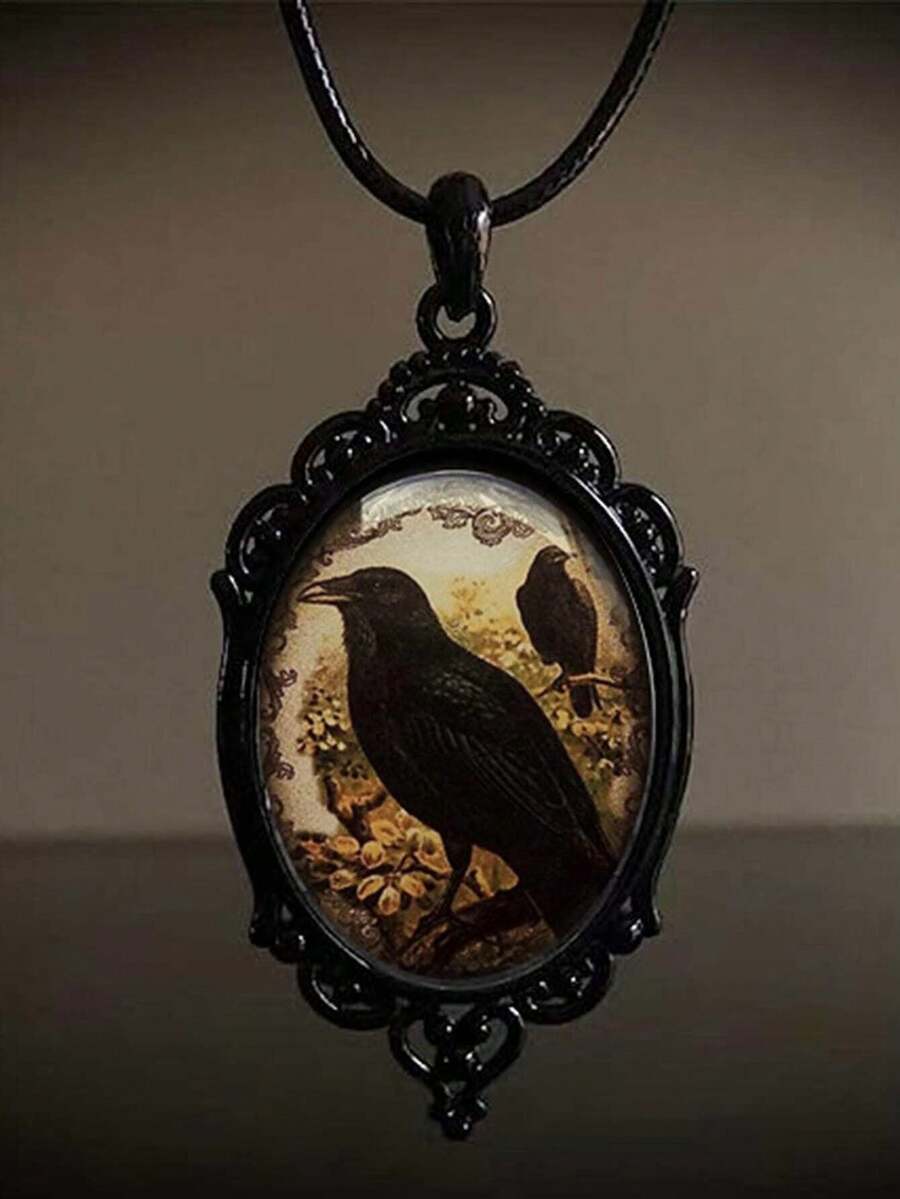 1 件哥特式黑色乌鸦骷髅椭圆形蕾丝玻璃吊坠项链，适合日常佩戴和节日 - 彩色 - 查看 1