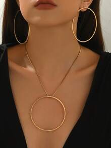 2pcs/Set Fashionable Geometric Circle Exaggerated European And American Creative Minimalist Hoop Earrings And Necklace Set - Golden - View 2