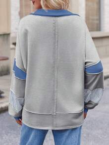 Womens Oversized Polo Sweatshirt Color Block V Neck Long Sleeve Loose Casual Pullover Tops - Grey - View 4