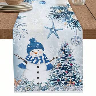 Camino de mesa con diseño de muñeco de nieve azul, árbol de Navidad y copos de nieve para decoración navideña de invierno en la cocina y el comedor