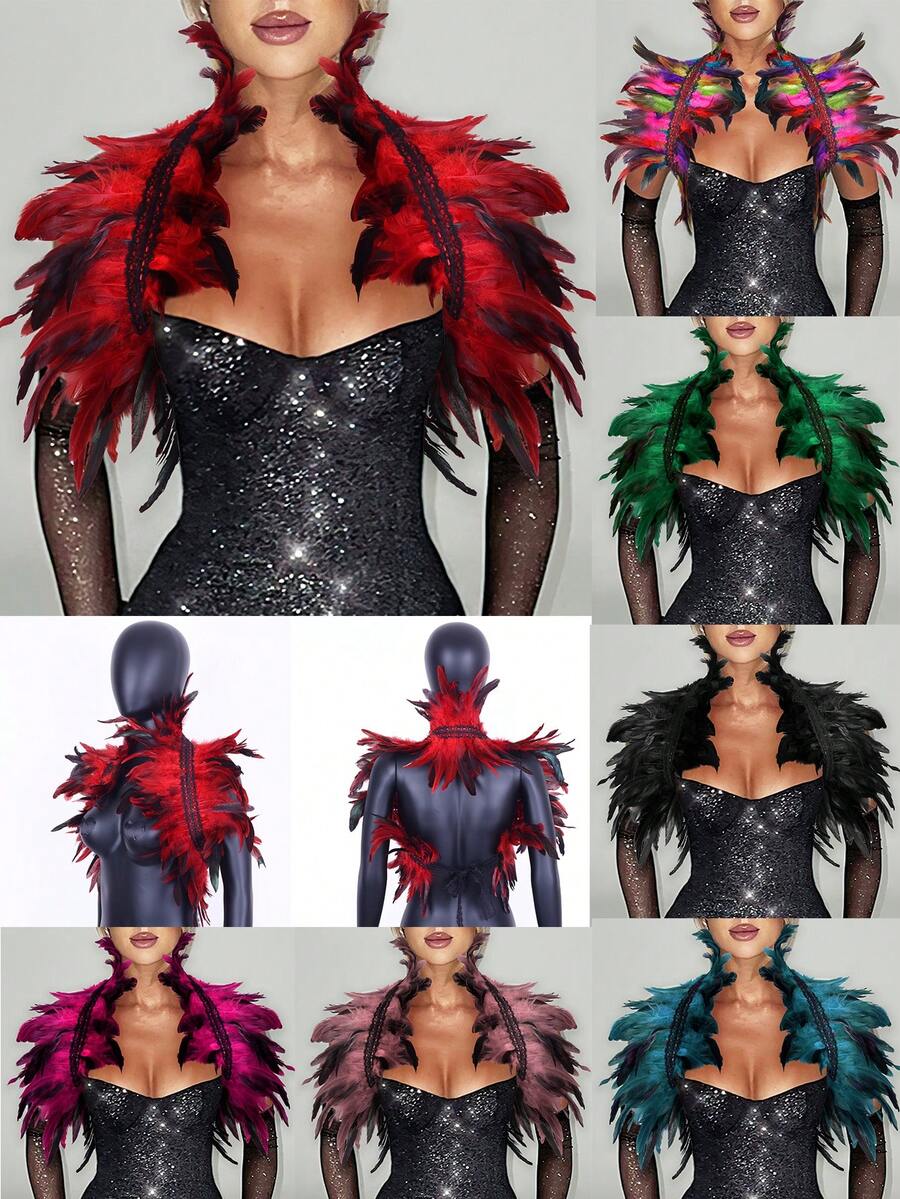 Women's Artificial Feather Shrug Shawl Wrap Lace Collar Halloween Costume Scarf Feather Bow Cape - Multicolor - View 1