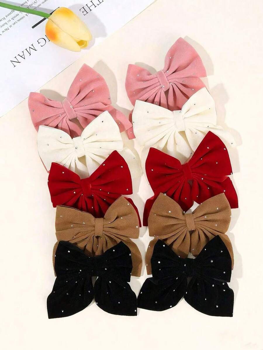10 件秋冬天鹅绒蝴蝶结发夹，适合幼儿女孩，精致水钻装饰蝴蝶结，多色发夹成对，鳄鱼夹，儿童青少年发饰，适合日常生活假期，完美的儿童礼物