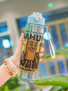 1pc 750ml/26oz Shan Hai Jing Themed Transparent Water Bottle - Leak-Proof Straw Lid, Portable Handle, Prominent Letter Print Design, Suitable For Hiking, Camping, Outdoor Sports, Cycling