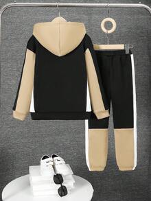 2pcs/Set Teen Boys' Casual Crew Neck Colorblock Sweatshirt And Matching Sweatpants, Suitable For Autumn, Winter, Warmth, School, Home, Daily, Sports, Outing