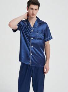 Plus Size Men's Summer Pajama Set - Casual V-Neck Short Sleeve Button-Up Top And Pants, Breathable Polyester, Machine Washable, Large