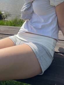 Womens Fold Over Micro Shorts Elastic Low Rise Striped Lounge Sleepwear Cute Mini Y2k Knit Pajama Bottoms - Light Grey - View 3