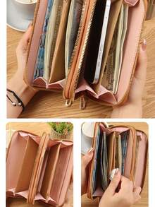 2025新款女士长款钱包双拉链手拿包刺绣时尚大容量软皮手机夹女士钱包钱包秋季腕带钱包 - 黑色 - 查看 8