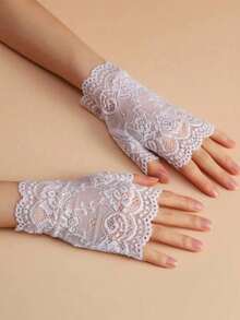 1 Pair Women's Fingerless Lace Gloves, Short Sailor Style, Suitable For Driving, Sun Protection, Scar Coverage - White - View 3