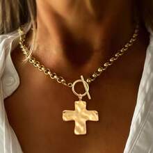 1件简约时尚金/银锤纹粗十字架吊坠项链，配T形扣和不锈钢链，女士款 - 十字架 - 查看 1
