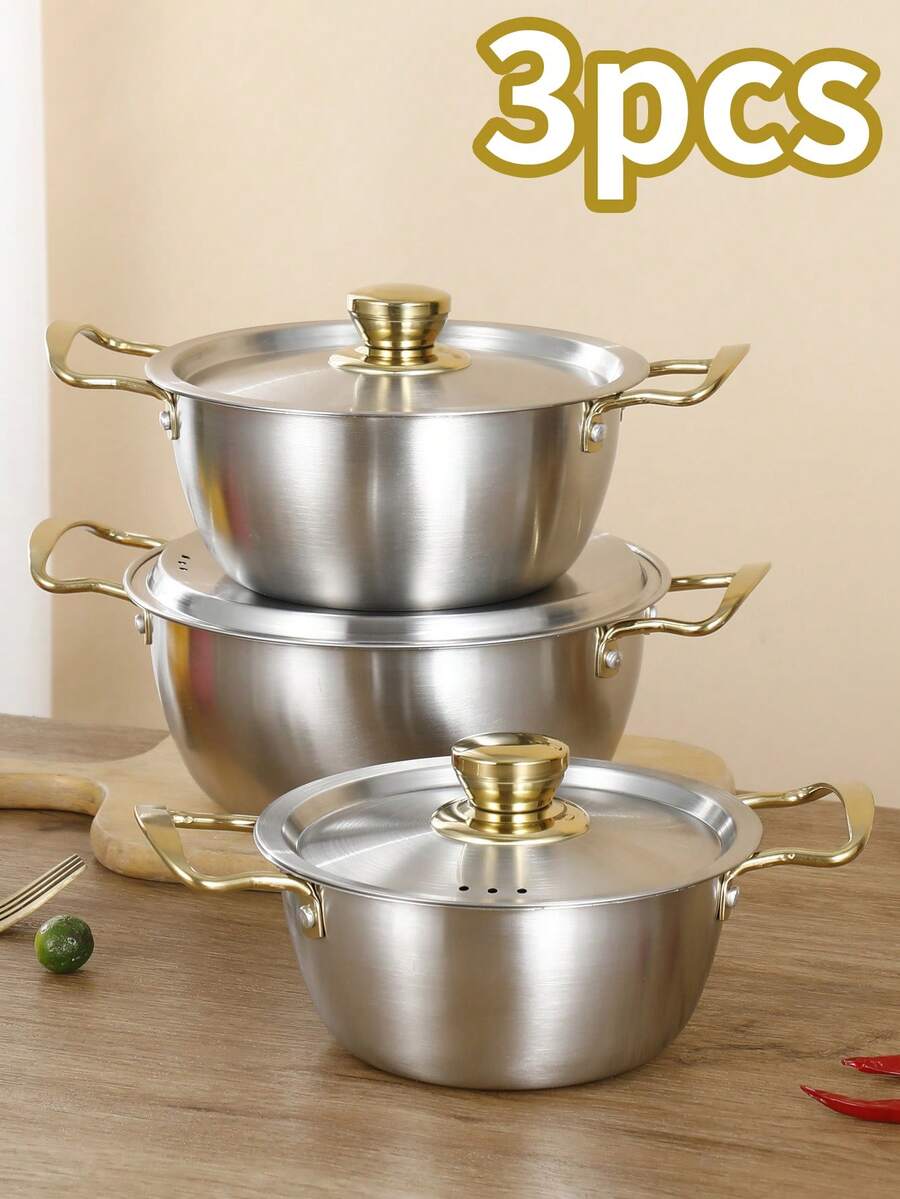3 Pieces/Set Set Of Stainless Steel Pans With Golden Handles (Includes 3 Different Size Pans - Small Size Can Be Used As Rice Cooker, Food Pot, Etc. The Medium Size Can Be Used As Instant Noodle Pan, Soup Pot For Two People. Large Size Can Be Used As Family Soup Pot, Small Fact) - Silver - View 1
