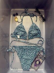 Nouveau maillot de bain pour femme, bikini deux pièces sexy avec Top triangle blocs de couleurs et fleurs ditsy, printemps/été