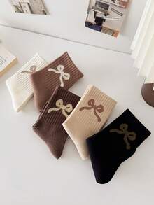 5 双女士柔软舒适棕色蝴蝶结中筒袜，时尚可爱，适合搭配雪地靴日常穿着，秋冬季 - 彩色 - 查看 2