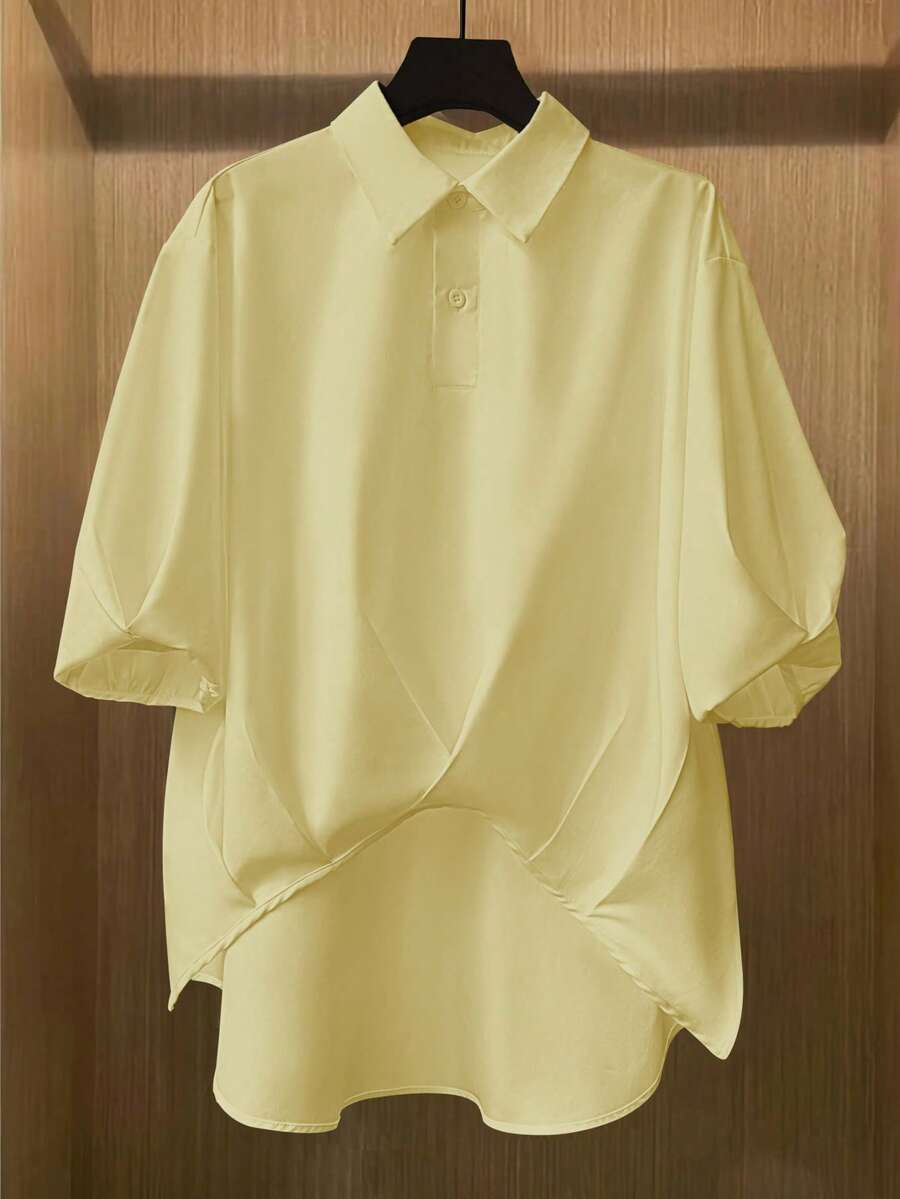 Women's Solid Color Short Sleeve Asymmetrical Fashion Polyester Casual Shirt, Summer - Yellow - View 1
