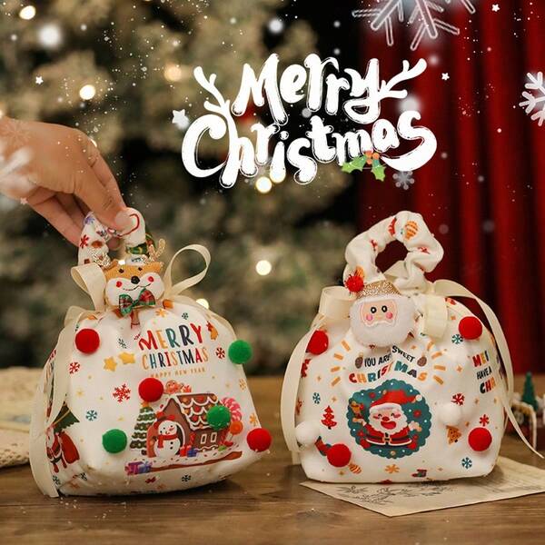 1pc-- Canvas Christmas Drawstring Gift Bag, Red And Green Candy Christmas Gift Bag, Christmas Apple Bag, Reusable Santa Claus And Reindeer Christmas Gift Bag, Suitable For Christmas Parties, Christmas Gift Storage, Party Gift Decoration Gift Bag