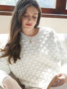 Knit Mix Elegant Women's Autumn/Winter French Fashion Commute Knit Solid Color Round Neck Long Sleeve Hollow Out Regular Loose Pullover Sweater - White - View 11