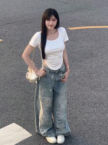 夏季Gyaru时尚白色荷叶边短袖T恤 - 白色 - 查看 2