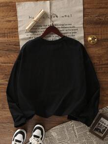 女式休闲笑脸印花超大长袖T恤上衣，百搭秋冬装 - 黑色 - 查看 5