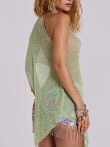 Women's Knit Tops Bell Sleeve Scoop Neck Sheer Sweater Crop Asymmetrical Tops - Green - View 6