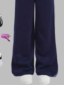 少女秋冬三件套，深蓝色字母图案长袖宽松上衣、背心和运动裤，美式休闲街头风。 - 藏蓝色 - 查看 6