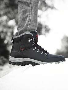 Men's Winter Snow Boots, Size 36, Slip-Resistant Thermal Lined, Plus Size 47, Mid-Top Outdoor Warm Hiking Boots Size 48, Waterproof Upper, Soft Shock-Absorbing Comfortable, Black And Gray, Suitable For Daily Wear, Outdoor Hiking, Trekking, And Snow Walking In Cold Winter Weather