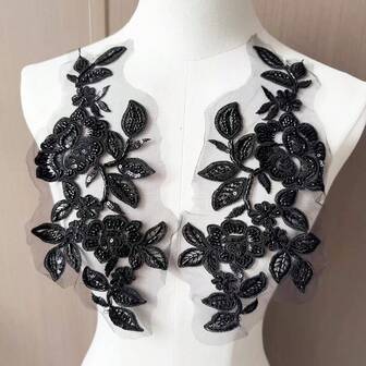 1 par broderi paljett spets applikation sömnad blomma tyg krage lapp motiv brudklänning klänning brud gör-det-själv-pyssel (svart)