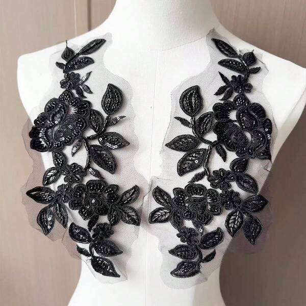 1 par de apliques de renda com lantejoulas bordadas, costura, tecido floral, remendo de gola, motivo para vestido de noiva, artesanato faça você mesmo (preto)