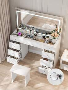 VOWNER 47.2" Large Vanity Desk With LED Lighted Mirror, Modern Makeup Vanity With Power Outlet, 9 Drawers And Soft Stool, 3 Color Light Modes, Brightness Adjustable, Bedroom Vanity Set Gifts For Girls Women, Halloween & Thanksgiving - 查看 5
