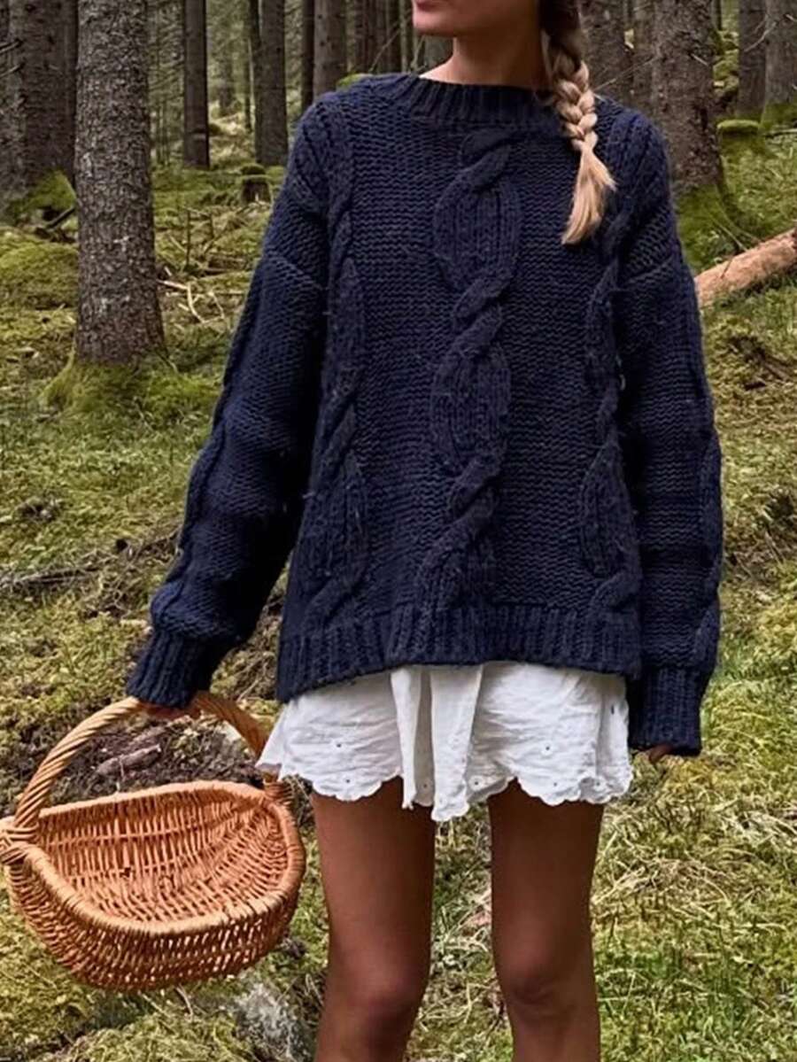 Women's Casual Cute Loose Cable Knitted Sweater Top Long-Sleeved Pullover Navy Blue Warm Cozy Chic Daily Wear Streetwear Fall Winter Outfits Clothes For Women Back To School Homecoimg