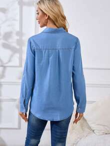 女士休闲翻领单排扣双口袋长袖牛仔衬衫 - 藍色 - 查看 6