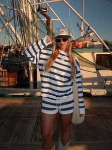 Women's Y2K Cute 2 Pieces Set Striped Color Long-Sleeve Knitted Sweater Top Shorts Waist Drawstring Suitable For Travel And Daily Wear Casual Sweater Matching Sets Woman Spring Autumn Outfits Clothes Back To School