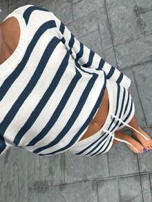 Women's Y2K Cute 2 Pieces Set Striped Color Long-Sleeve Knitted Sweater Top Shorts Waist Drawstring Suitable For Travel And Daily Wear Casual Sweater Matching Sets Woman Spring Autumn Outfits Clothes Back To School