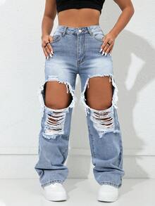 高腰破洞口袋直筒牛仔裤，街头休闲春季风 - 淺藍色 - 查看 4