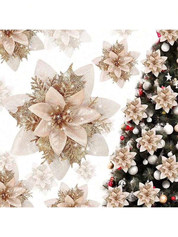 10 piezas Decoraciones de árbol de Navidad, hojas rojas con brillo estilo navideño, flores de Navidad artificiales, hojas rojas con brillo para decorar el árbol de Navidad, para Navidad, bodas, celebraciones festivas, decoración floral navideña, decoración de fiestas