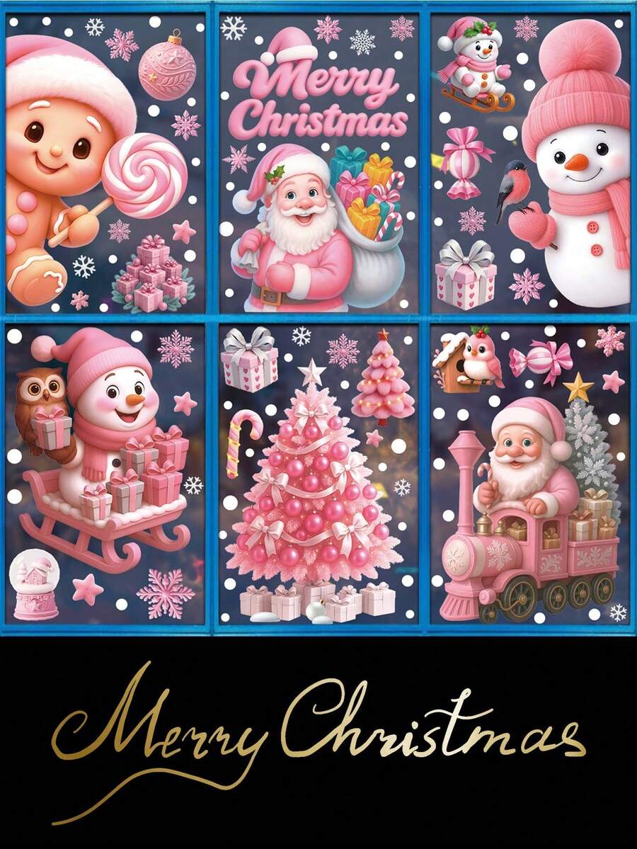 New 1 Set Of Santa Claus House And Snowflake Pattern Christmas Pink Christmas Window Stickers, Christmas Static Sticky Paper, Glass Window Decoration, Christmas, Merry Christmas Window Stickers Santa Claus Snowman Dwarf Glass Stickers, Christmas Tree Fridge Magnet Decoration, Double-Sided Window Sticker Decoration, Home Office Supplies Party Supplies - Multicolor - View 1