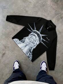 Men's Streetwear Liberty Statue Printed Casual Zip Up Jacket With Portrait All Over Print, Spring Autumn Outerwear, Long Sleeve, Suitable For Daily Wear, Going Out, School, Friends Gathering. Can Be Used As A Gift For Boyfriends And Friends, Grunge - 黑色 - 查看 9