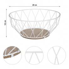 CLIKYA-Frutero metálico blanco 28cm,Frutero de Cocina Metálico con Base de Madera,Cesto-Frutero Forma Diamante