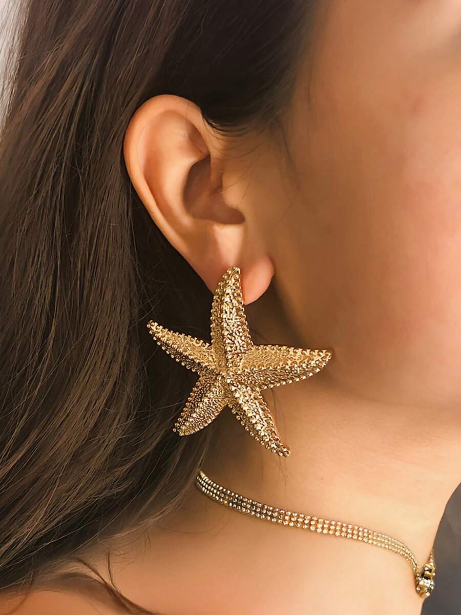 1 par de pendientes de aleación con estrella de mar exagerada, adecuados para uso diario - Dorado - Ver 1
