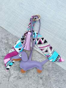 1 sztuka uroczego breloczka ze skóry ekologicznej z jamnikiem i różowym chwostem z szalika – modne dodatki do torebek, smycze do telefonów i akcesoria do portfeli DIY, biżuteria damska na klucze | Darmowa wysyłka uroczego wisiorka z jamnikiem | Złote akcesoria, samodzielne wykonanie portfela