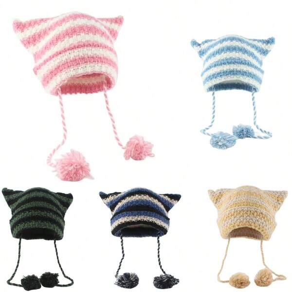 Gorro de punto con orejas de gato y pompón, sombrero de punto a rayas cálido y de moda para mujeres y niñas, estilo callejero y hip hop