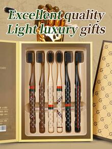 6 فرش أسنان فاخرة، مثالية للهدايا، مجموعة هدايا مكونة من 6 قطع، تجسد الفخامة البسيطة، شعيرات فائقة الليونة، تنظف الأسنان بشكل شامل، تعزز الصحة الفموية، تمنع التسوس، تحمي الأسنان، تبيض الأسنان، تصميم فرشاة أسنان فريد، مقبض ذو لون بلوري مع أنماط فنية، رأس واسع. مناسبة ل-: البالغين، عبوة عائلية، فرش أسنان للأزواج.