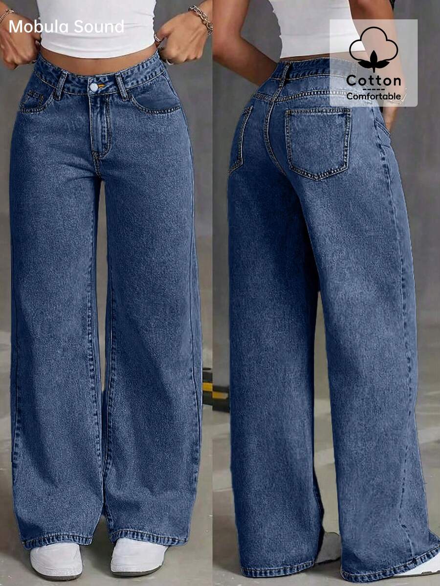 Mobula Sound 性感音乐节休闲时尚直筒牛仔裤，优雅女士学生春夏款 - 深藍色 - 查看 1