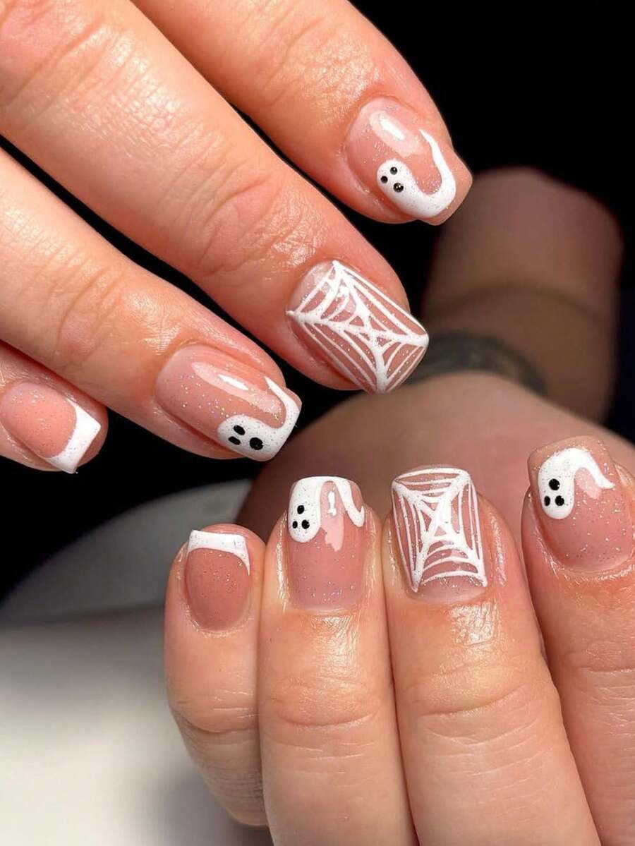 Add A Touch Of Atmosphere 24pcs Press On Nails Short Creative Minimalist White French Tip Nails, White Ghost, Spider Web Pattern, Quirky Nail Art, Silver Glitter Embellishment, Cute Temperament, Detachable And Reusable Fake Nail Set, Suitable For Girls' Halloween, Campus - Multicolor - View 1