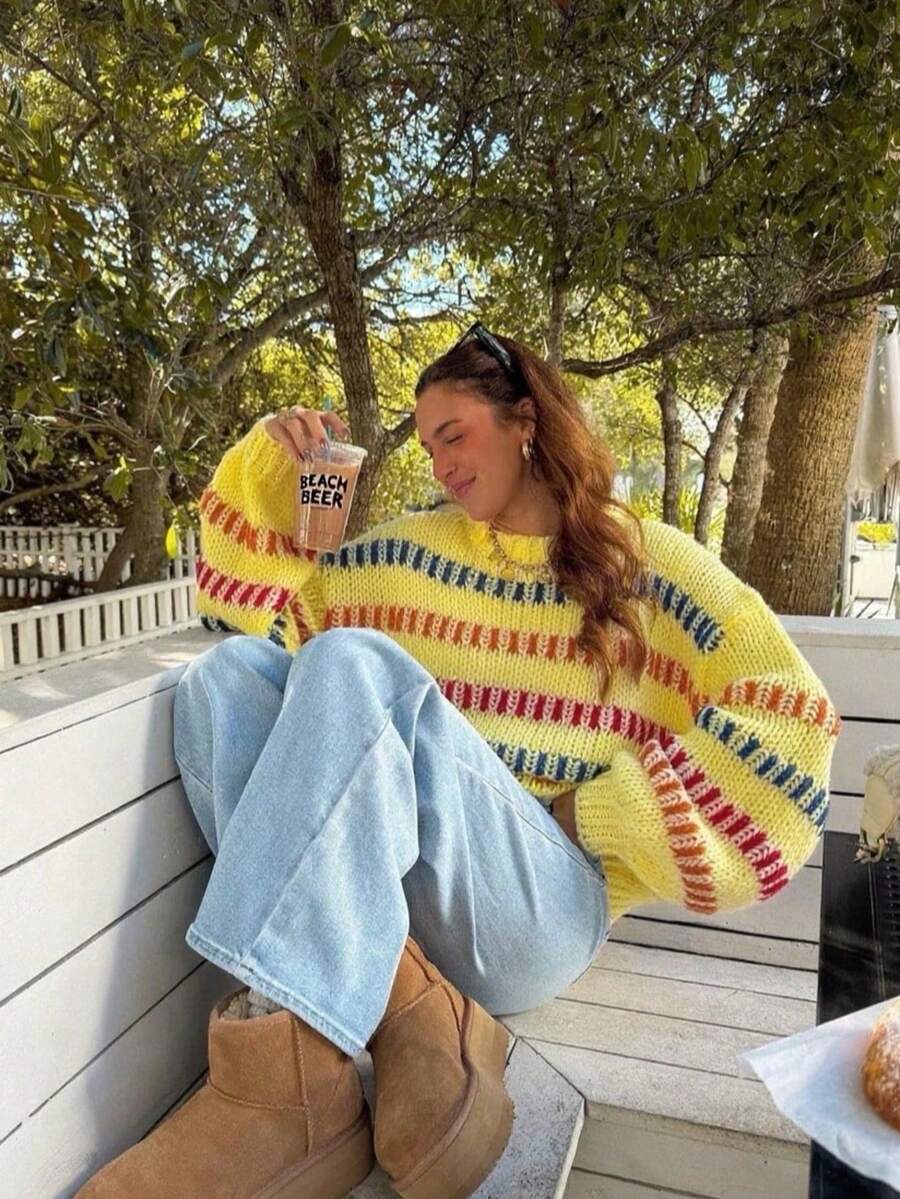 2025秋冬女装新款休闲复古拼色宽松大码喇叭袖针织毛衣 - 黃色 - 查看 1