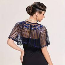 1pc 1920s Elegant Vintage Sequin Shawl, Beaded Embroidered Lace Trim Versatile Capelet Shawl, Breathable Women Party Dress Accessory Shawl/Bolero, Fashion Party Evening Gown Accessory