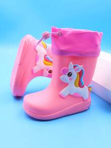 1 双独角兽卡通可爱儿童雨靴，女童幼儿轻便舒适防滑户外运动防水靴，适合雨天玩耍和学校活动 - 粉色 - 查看 3