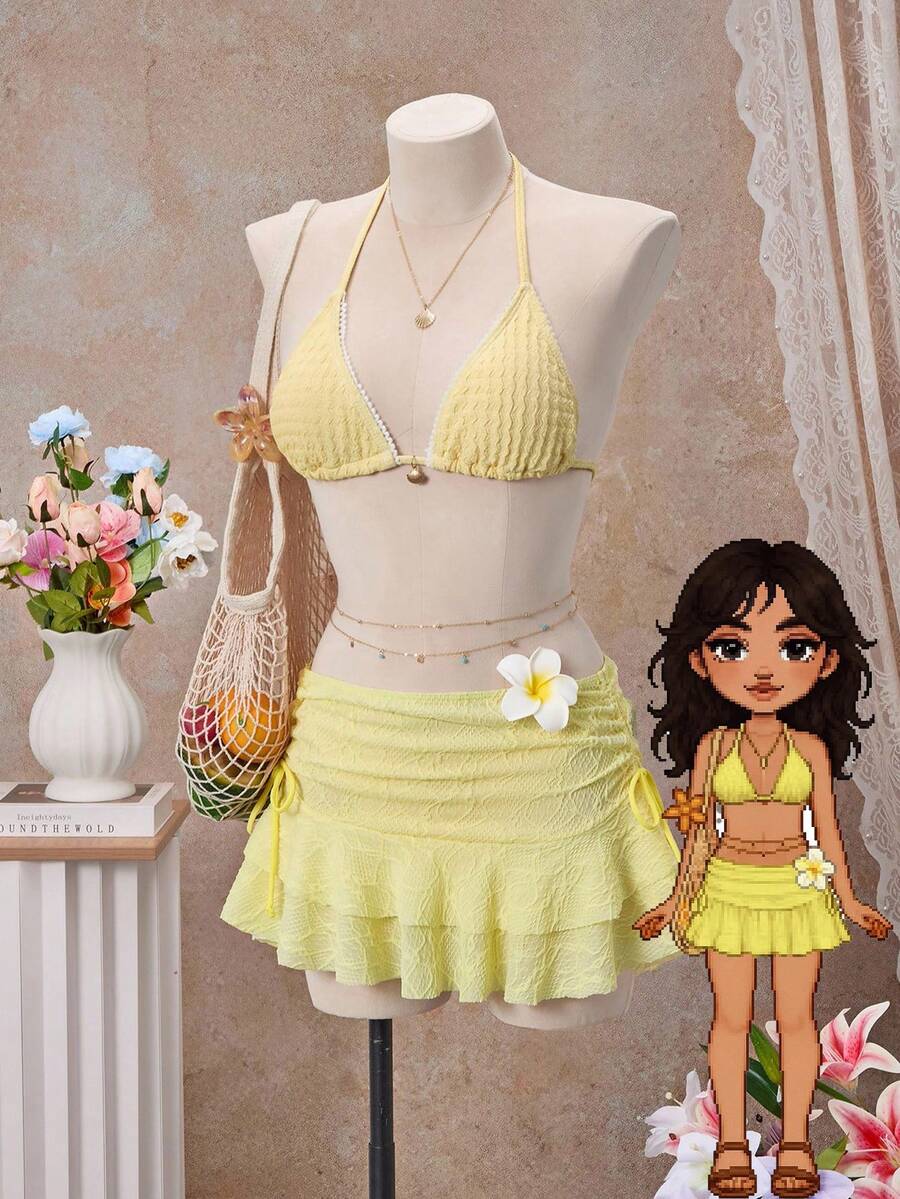 Bellisia Swim Vcay 2pcs Women Sexy Lace Trim Jacquard Triangle Bikini Set, Simple Strap Tie Up Halter Yellow Bikini Set With Gold Shell Decor