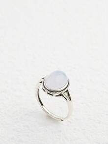 Natural Blue Agate Solid 925 Silver Ring 10x8mm Banded Stone Milgrain & Seed Bead Vintage Adjustable Band, Art Nouveau Natural Crystal Jewelry Antique Statement Promise Gift